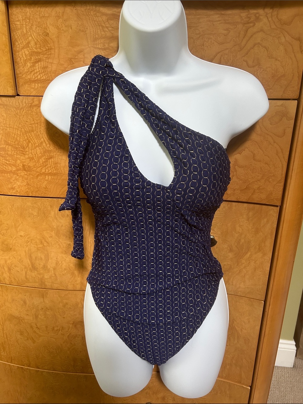 Trina Turk Navy One-Shoulder Keyhole One-Piece with Tie